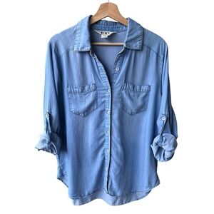 EV1 Womens Long Sleeve Denim Chambray Shirt Top Light Wash Button Up Size Large